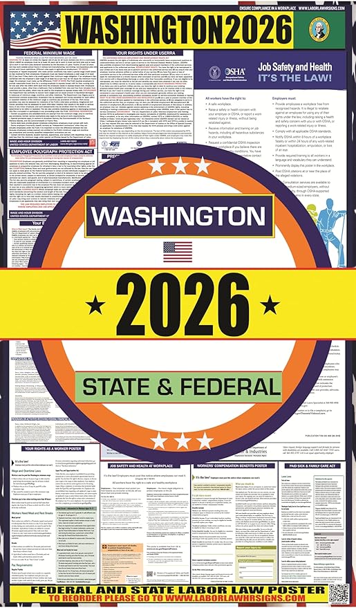 2026 Washington (WA) State Labor Law Poster - State, Federal and OSHA Compliant Laminated Poster - Ideal for Posting in The Workplace - Perfect for Common Rooms and Cafeterias - 20 Inch by 36 Inch