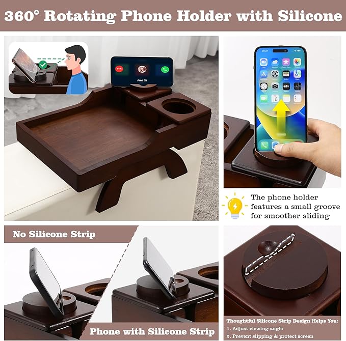 Couch Cup Holder Tray, 15.4"x9.9" Large 4 in 1 Couch Armrest Table with 360°Rotated Phone Holder, Non-Slip Clip on Side Table for Drinks/Remote/Snacks, Ideal Gift for Husband, Wife, Parents