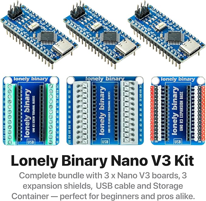 3-Pack Nano V3.0 Development Board Expansion Kit, 3 x Nano V3.0 Type-C & 3X Versatile Expansion Board (Screw, Non-Screw, 2.54mm) Compatible with Arduino IDE Prototyping Projects