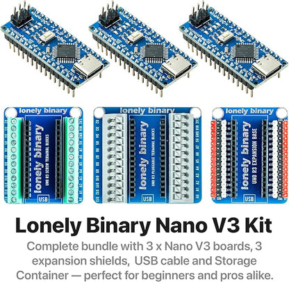 3-Pack Nano V3.0 Development Board Expansion Kit, 3 x Nano V3.0 Type-C & 3X Versatile Expansion Board (Screw, Non-Screw, 2.54mm) Compatible with Arduino IDE Prototyping Projects