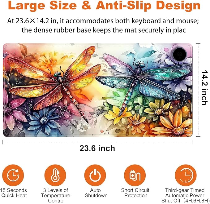 Small Heated Desk Pad 23.6" x 14.2" – Compact Electric Mouse Pad with 3 Heating Levels, Auto Shut-Off, Waterproof PU Surface, Plug-in Warmer for Office or Home Use, Colorful Dragonflies