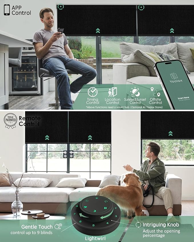 Yoolax Motorized Blinds with Remote, Smart Blinds for Windows Blackout Automatic Shades Work with Alexa Remote Control Roller Window Shades with Valance, Custom Size (Fabric-Black)