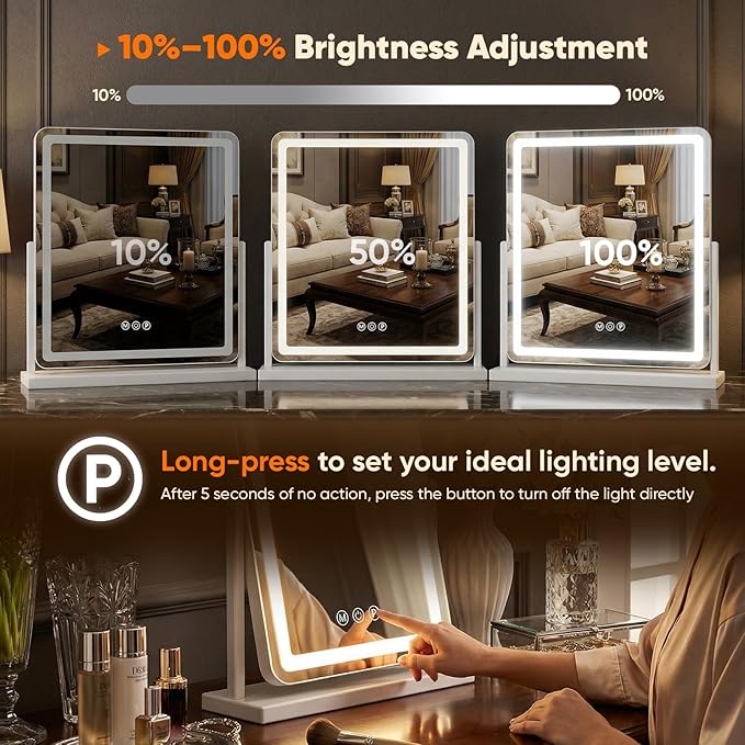 Antok Vanity Mirror with Lights, 13"X18" Lighted Makeup Mirror, Smart Touch, 3 Color Modes and Brightness Adjustable, LED Vanity Mirror with Detachable 10X Magnification, 360° Rotation for Makeup Desk