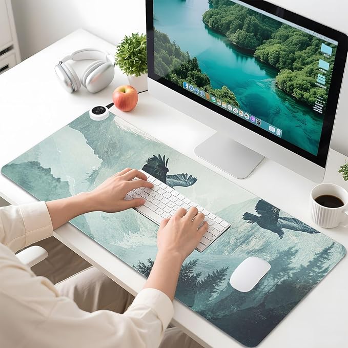Heated Desk Pad Mouse Pad 31.5x13 Inch PU Leather Desk Mat with 3 Heat Levels Large Mouse Gaming Computer Laptop Mat Bald Eagle Mountains Green01