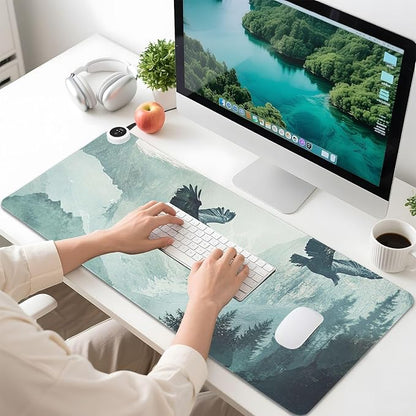 Heated Desk Pad Mouse Pad 31.5x13 Inch PU Leather Desk Mat with 3 Heat Levels Large Mouse Gaming Computer Laptop Mat Bald Eagle Mountains Green01