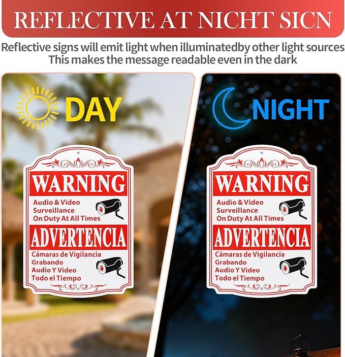 8 Pcs Video Surveillance Sign Private Property, 13.5 x 9.5 inch Thick Aluminum Reflective Sign Warning Advertencia Sign Aluminum UV Ink Printed for Home Business