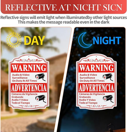 8 Pcs Video Surveillance Sign Private Property, 13.5 x 9.5 inch Thick Aluminum Reflective Sign Warning Advertencia Sign Aluminum UV Ink Printed for Home Business