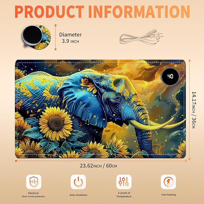 Heated Mouse Pad, Warm Desk Pad, Keyboard Mat 23.6 x 14 Inch Large Size Intelligent Fast Heating, 3 Speed Adjustable, Timed Auto Power Off for Game Office Home, Elephant in Sunflower Field