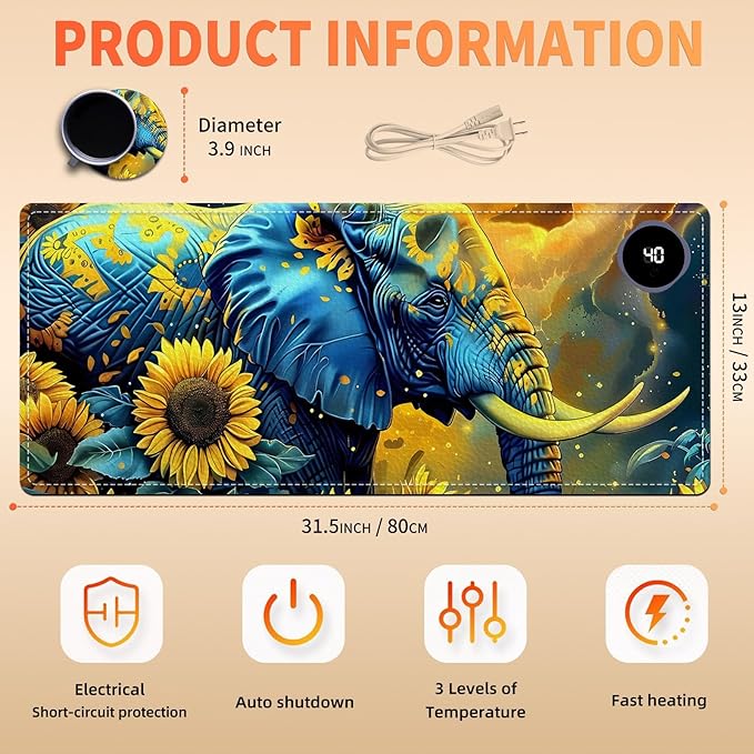 Heated Mouse Pad, Warm Desk Pad, Keyboard Mat 31.5 x 13 Inch Large Size Intelligent Fast Heating, 3 Speed Adjustable, Timed Auto Power Off for Game Office Home,Elephant in Sunflower Field