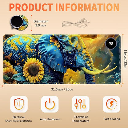 Heated Mouse Pad, Warm Desk Pad, Keyboard Mat 31.5 x 13 Inch Large Size Intelligent Fast Heating, 3 Speed Adjustable, Timed Auto Power Off for Game Office Home,Elephant in Sunflower Field
