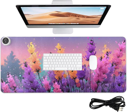 Large Heated Mouse Pad,Leather Desk Mat,31.5"x13",Hand Warmer Pads for Desk,Lavender(Watercolor)