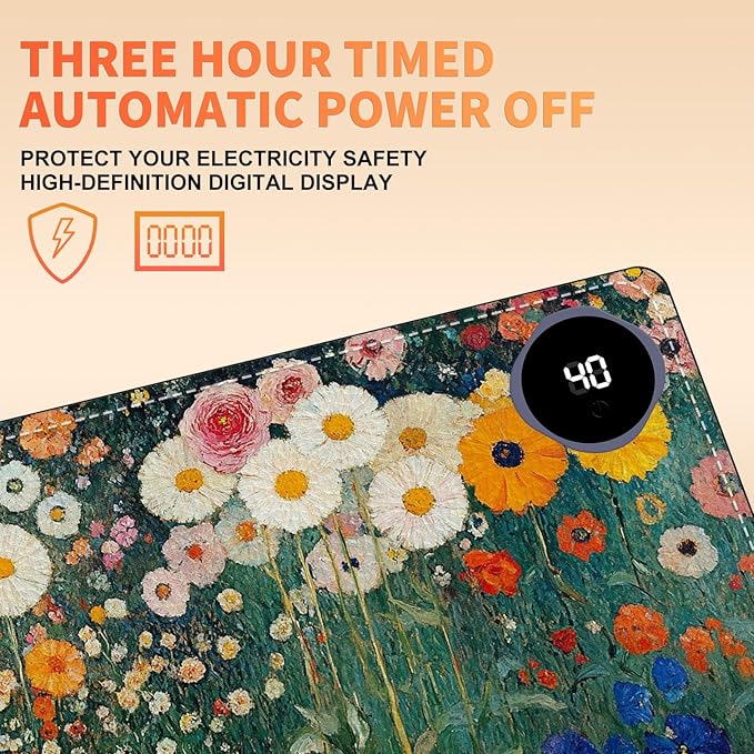 Heated Mouse Pad 23.6 x 14 in 3-Temp Fast Heating Desk Mat with Auto Timer Warmer for Hands Wrist Pain Relief Waterproof Keyboard Mat for Office, Gaming, Home, Floral Garden