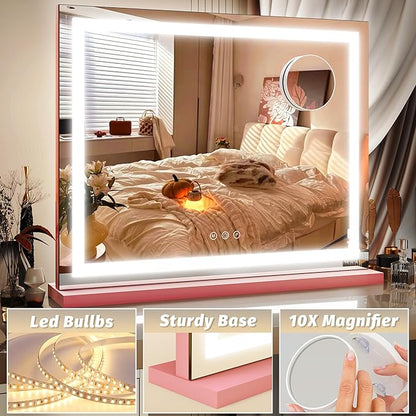FENNIO Vanity Mirror with Lights 23"x18", Lighted Makeup Mirror, Large Vanity Mirror, Touch Sensor with 3-Color Lighting, 10X Magnification and USB Charging Port for Vanity Desk（Square Pink）