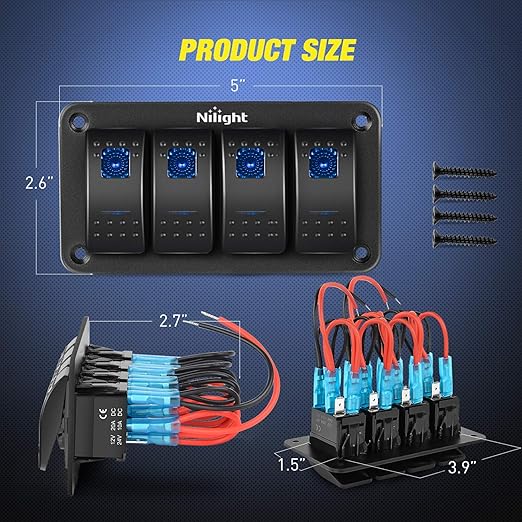 Nilight - 90109D 4 Gang Aluminum Rocker Switch Panel Toggle Dash 5 Pin ON/Off Pre-Wired Rocker Switch Blue Backlit Switch for Automotive Car Marine Boat RV,2 Years Warranty
