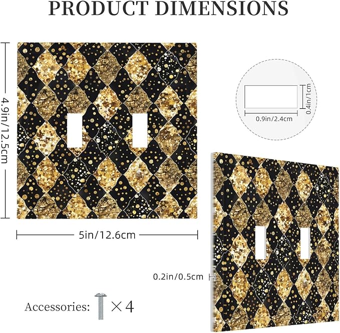 Gold Black Marble Geometric Plaid Glitter Decorative Switch Plates 2 Gang Double Toggle Outlet Light Switch Cover Wall Plate Electrical Faceplate for Bedroom Bathroom Decor