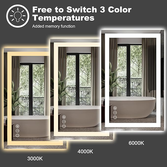 Amorho LED Bathroom Mirror, 60" X30" with Front Light and Backlight, Large Vanity Mirrors for Wall, Anti-Fog, ShatterProof, Memory, 3 Colors, ETL Listed