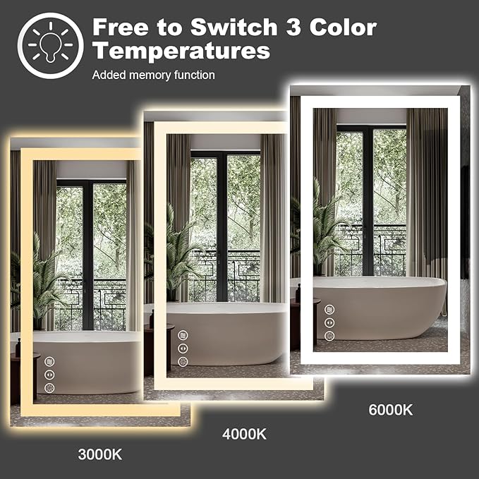 Amorho LED Mirror for Bathroom 24" X30" with Front Light and Backlit, Stepless Dimmable, Shatter-Proof, Memory, 3 Colors, Wall Mount (Horizontal/Vertical)