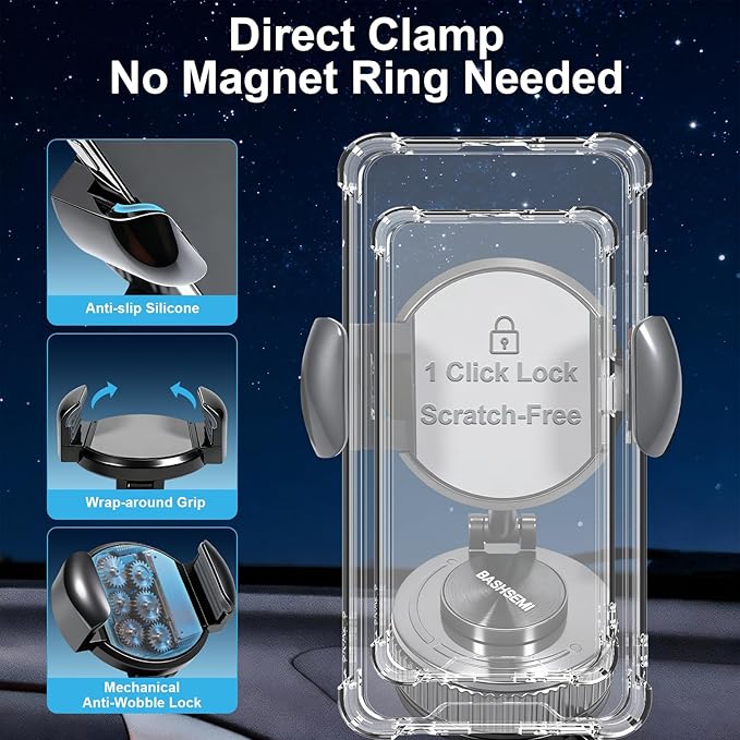 Windshield & Dashboard Rotate-Lock Phone Mount – 360° Rotate Folding Car Phone Holder with Strong Suction Base & Adjustable Arm for Smartphone