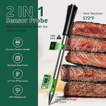 Meat Thermometer Digital Wireless, Bluetooth Smart Meat Thermometer with APP 500FT Remote for Grilling and Smoker,Portable Cooking Temperature Probe for Oven, Outside Grill and BBQ | IP67 Waterproof