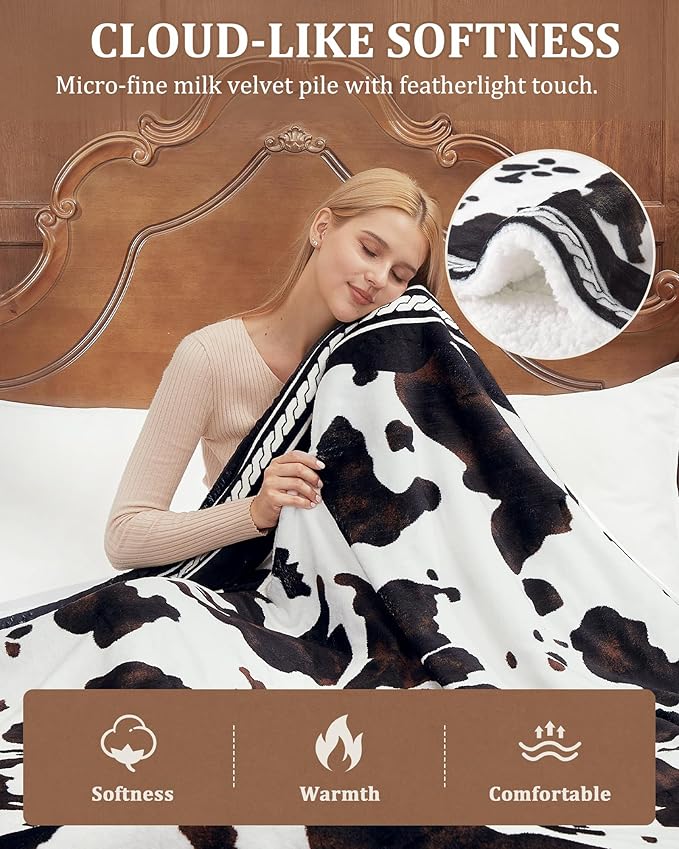 CAROMIO Heated Electric Blanket Full Size, Cow Print Fast Heating Blankets with LCD Controller, 10 Heat Levels & 1-12H Time Settings, ETL Certified, Machine Washable, Brown Black, 72" x 84"