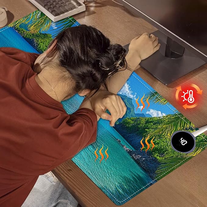 Heated Mouse Pad 31.5x13 in 3-Temp Fast Heating Desk Mat with Auto Timer Warmer for Hands Wrist Pain Relief Waterproof Keyboard Mat for Office, Gaming, Home, Tropical Paradise Beach