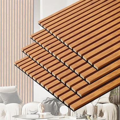 3D Slat Acoustic Wall Panels with Wood Finish Accent, 4 Pack Sound Absorbing Paneling for Studio, Office, Living Room, Bedroom Interior Decor (Natural Walnut, 48''L x 24''W)