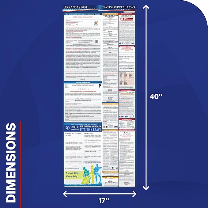 2026 Arkansas State and Federal Labor Law Poster - OSHA Workplace Compliant - Mandatory Regulations Posting for Employees - All in One Required Compliance Posting 17" x 40" - Laminated (English)