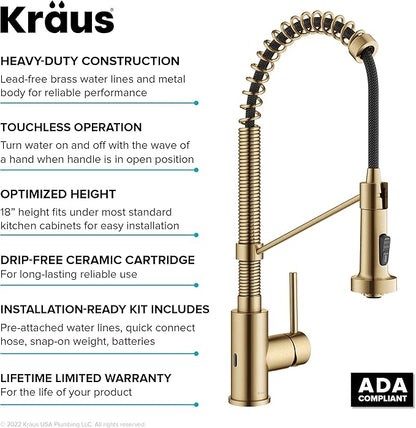 KRAUS Bolden Touchless Sensor Commercial Style 2-Function Single Handle Pull Down Kitchen Faucet in Spot-Free Brushed Brass, KSF-1610BB