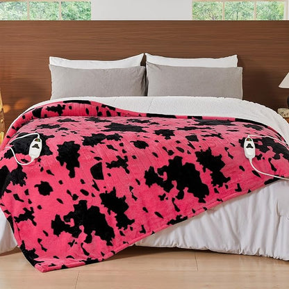 Cow Print Electric Heated Blanket Queen Size,84X90 Pink Heating Blanket Queen with Dual Control&Timer&10 Heat Levels,Highland Cow Decor Fleece Sherpa Blankets Warmer Gifts for Bed Women Adults
