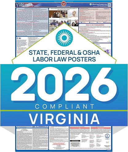 Virginia 2026 Labor Law Poster – State & Federal Compliance – OSHA, EEOC, FMLA, Minimum Wage – Durable, Laminated & Waterproof Workplace Employment Poster – Made in USA – 26” x 39.5”