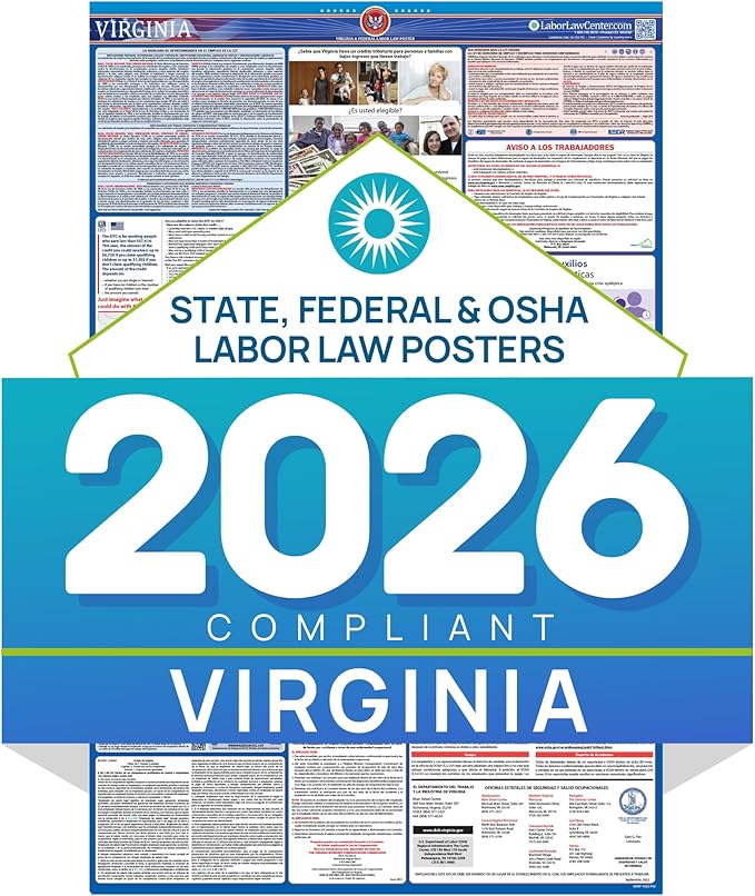 2026 Virginia Labor Law Poster – State & Federal Compliance in Spanish – OSHA, EEOC, FMLA, Minimum Wage – Durable, Laminated & Waterproof Workplace Employment Poster – Made in USA – 26” x 39.5”