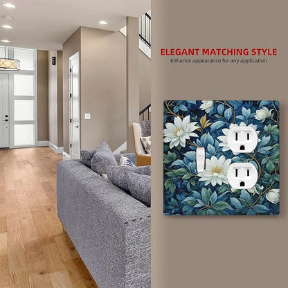 Decorative Outlet Covers Rustic White Floral Flowers Green Blue Leaves 2 Gang Wall Plate Single Toggle Duplex Light Switch Cover Switch Plate Covers Faceplate for Bedroom Home Decor