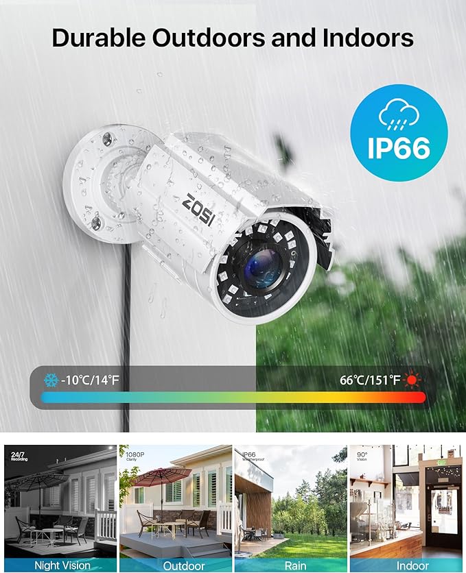 ZOSI 1080P 2.0MP HD 1920TVL Hybrid 4-in-1 TVI/CVI/AHD/960H CVBS CCTV Security Camera Indoor Outdoor, 80ft Night Vision,Aluminum Metal Cam, For 960H,720P,1080P,5MP,4K analog Surveillance DVR (White)
