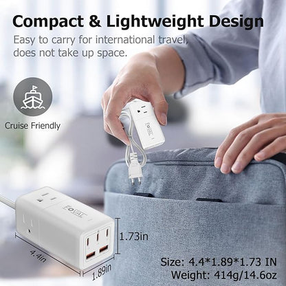European Travel Plug Adapter, FOVAL US to UK Europe Power Strip 75W USB C Charger with 5 USB Ports, 3 AC Outlets, 5ft Extension Cord, for Spain, France, Ireland, Travel Home Cruise Ship