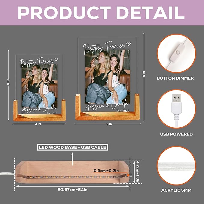 NAZENTI Personalized Bestie Picture Frame with Light, Best Friend Photo Lamp, Custom Photo Gifts, Gift For Besties, BFF Birthday Gift, Friendship Valentine Day Gifts