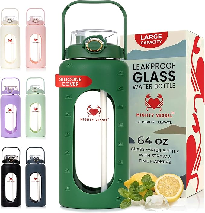64 oz Glass Water Bottle – Olive Green | Leakproof Borosilicate Glass Jug with Straw, Time Marker & Silicone Sleeve – Hydration for Gym, Sports, Daily Use