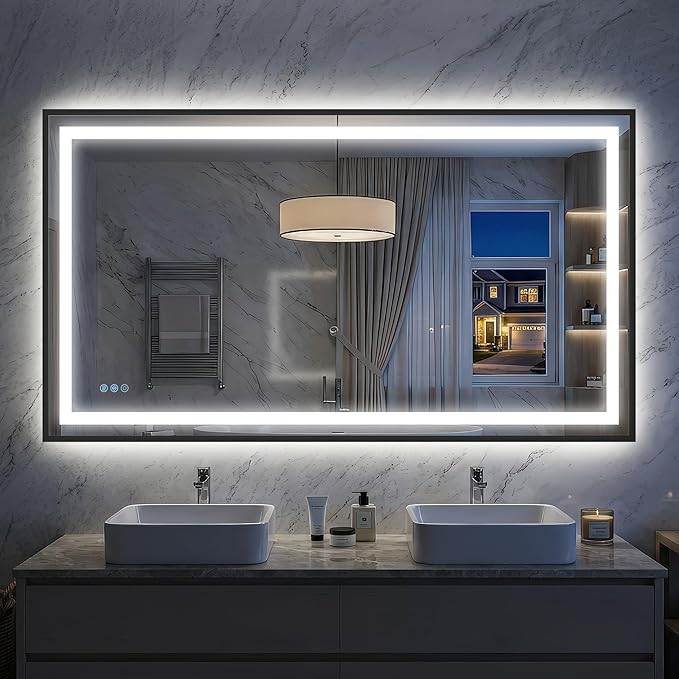 Antok 55X30 LED Bathroom Mirror with Lights, Vanity Mirror for Wall with Black Frame, Touch Control, Anti-Fog, Dimmable Lights, Shatter-Proof, Memory Function, Wall-Mounted Vanity Mirrors