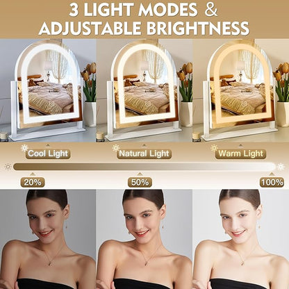 ROLOVE Lighted Makeup Mirror with 3-Color Dimmable Lighting, with Removable 10x Magnifier, Smart Touch Control, 360° Rotation, 15" x 13" Hollywood Vanity Mirror for Tabletop or Desk (White)