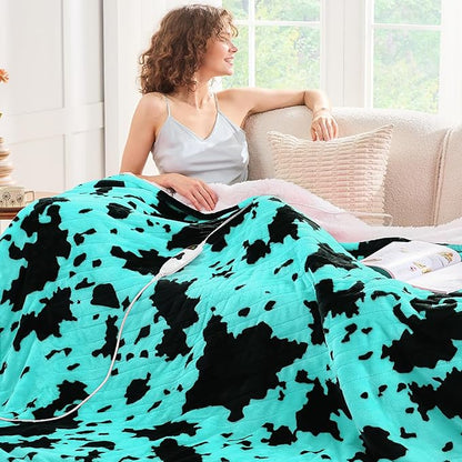 Cow Print Electric Heated Blanket King Size,90X100 Green Heating Blanket King with Dual Control&Timer&10 Heat Levels,Highland Cow Decor Fleece Sherpa Blankets Warmer Gifts for Bed Women Adults
