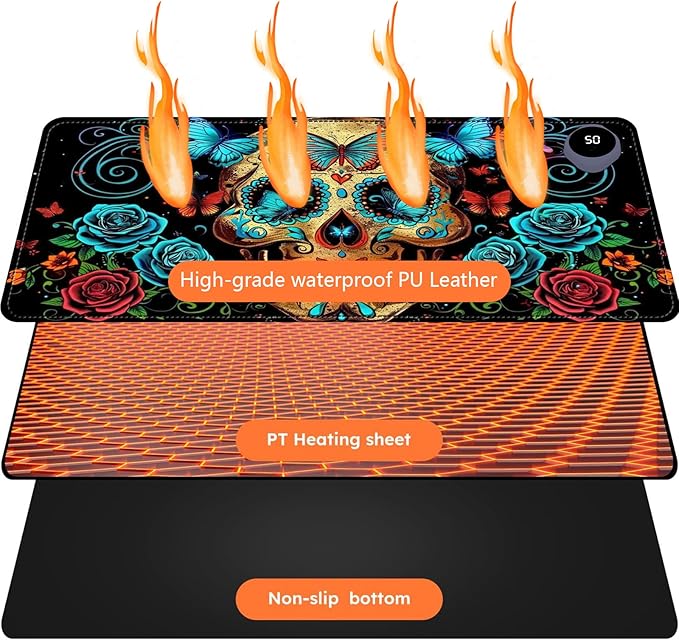 Heated Mouse Pad with 3 Levels Heated & 3 Hours Auto Shut-Off Mouse Pad for Warming Hands in Office Home, 23.6" x 14.2"Large Safe Desk Mat Hand Warmer，Skull Butterfly Blue Rose
