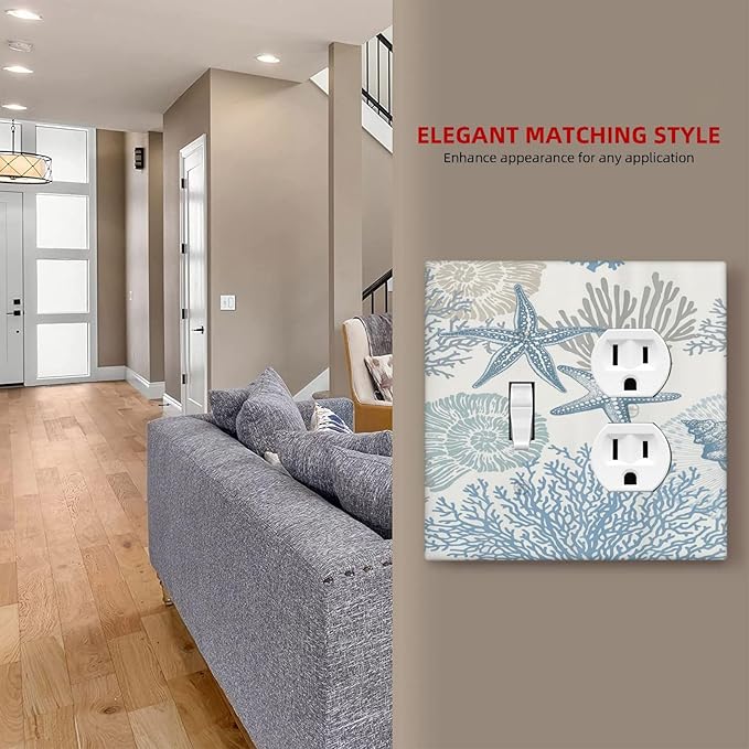 Decorative Outlet Covers Blue Starfish Coral Seaweed 2 Gang Wall Plate Single Toggle Duplex Light Switch Cover Switch Plate Covers for Bathroom Bedroom Home Decor
