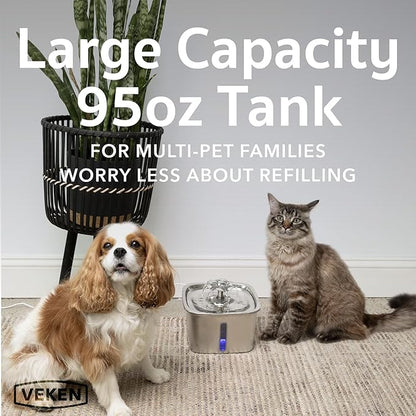 Veken Innovation Award Winner Stainless Steel Cat Water Fountain, 95oz/2.8L Automatic Pet Fountain Dog Water Dispenser with Replacement Filters & Silicone Mat, Gifts for Christmas, Cats, Dogs (Silver)