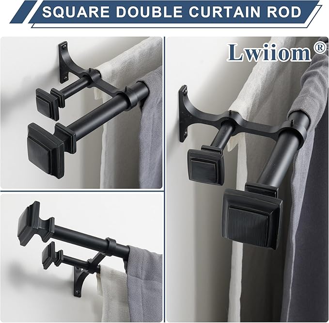 Double Wood Curtain Rods for Windows 36 to 72 Inches,1 Inch Decorative Wooden Curtain Rod with Square Imitation Wood Grain Finials and Double Aluminum Bouquet Bracket, Antique Black