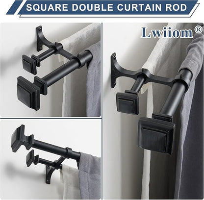 Double Wood Curtain Rods for Windows 72 to 144 Inches,1 Inch Decorative Wooden Curtain Rod with Square Imitation Wood Grain Finials and Double Aluminum Bouquet Bracket, Antique Black