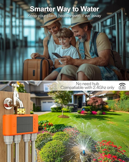 Lumary Solar WiFi Sprinkler Timer 4 Zone w/Water Flow Meter, Smart Water Timer for Garden Hose w/Adjustable 90° Panel, APP Automatic Irrigation Controller System for Lawns Yard, No Need Hub