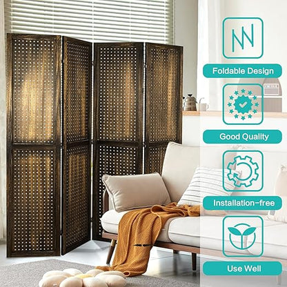 Babion 4 Panel Pegboard Display, Peg Board Room Divider Freestanding Folding Privacy Screens Pegboard Display Stand for Craft Shows (Brown)