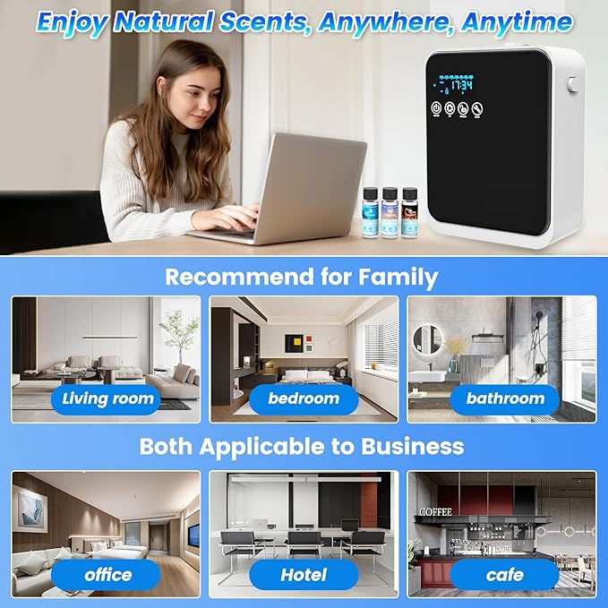 Waterless Essential Oil Diffuser,Aromatherapy Scent Diffuser Air Machine with Smart APP & Touch Screen,1500 sq.ft Coverage,250ml Capacity|Whole House Oil Diffusers for Home & Hotel Collection-Black