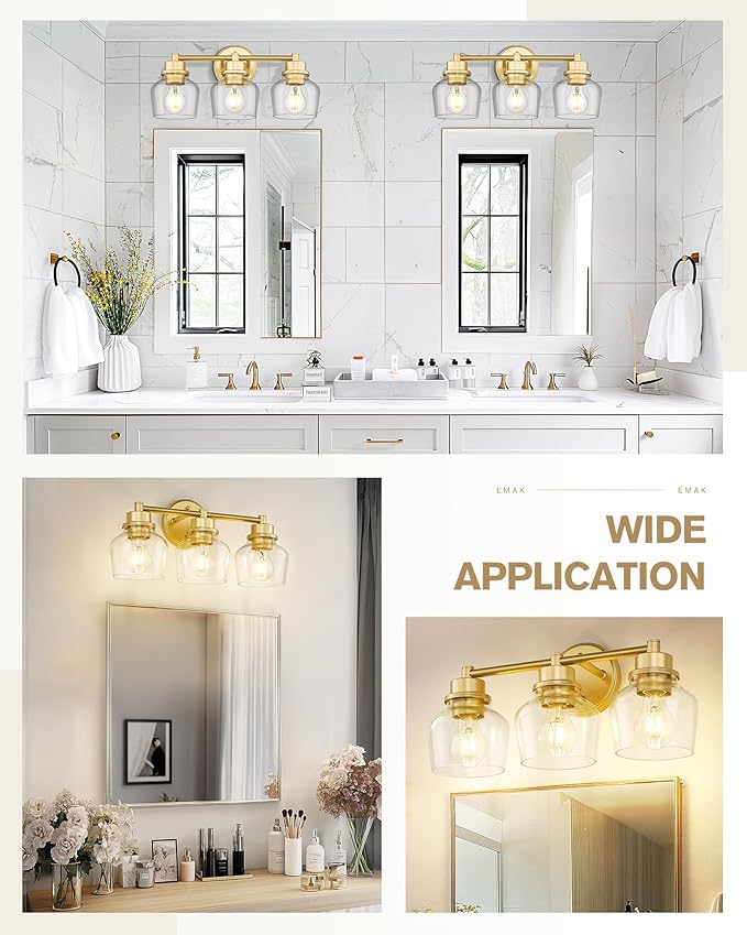 Emak Modern Gold Vanity Lights, Bathroom Lighting Fixtures Over Mirror with Clear Glass Shade, 3-Light Vanity Light for Bathroom, Mirror, Makeup Desk, VL122-GD-CG-3