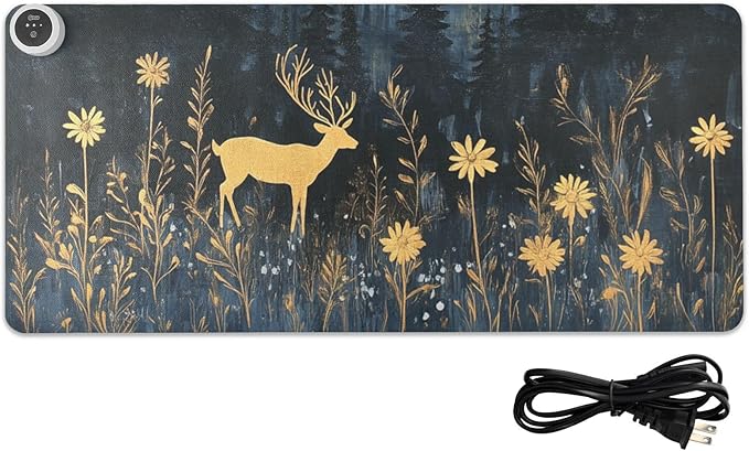 Heated Desk Pad Mouse Pad 31.5x13 Inch PU Leather Desk Mat with 3 Heat Levels Large Mouse Gaming Computer Laptop Mat Deer Blue Hat Flowers Black