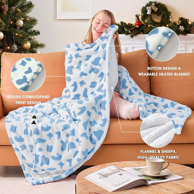 Cow Print Heated Electric Blanket Twin,62X84 Blue Heating Blanket with 10 Heats Levels & 8 Hours Auto Off,Cute Cow Decor Fleece Sherpa Blankets Warmer Gifts for Women Couch Office,Washable